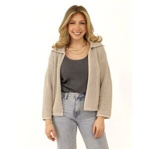 All:Row‎ Jett Cardigan Open Knit Collared Tan Sweater NWT Size Medium